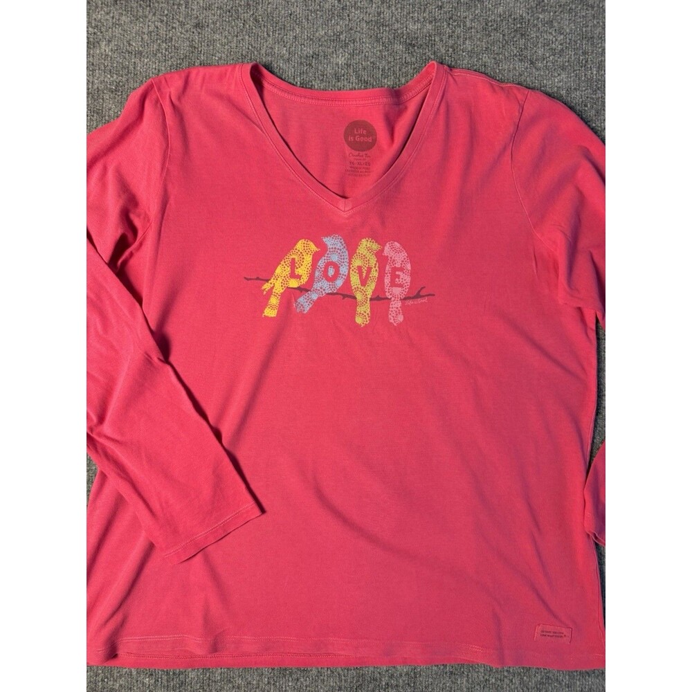 Life is Good Womens XL Pink V-Neck Long Sleeve Shirt Love Birds Graphic Cotton
